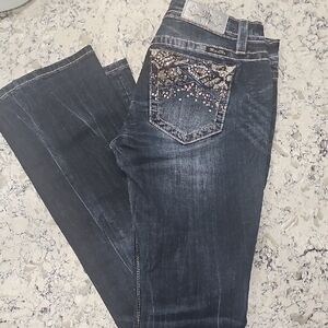 Miss Me Dark Blue Boot Cut Jeans with Silver Accents